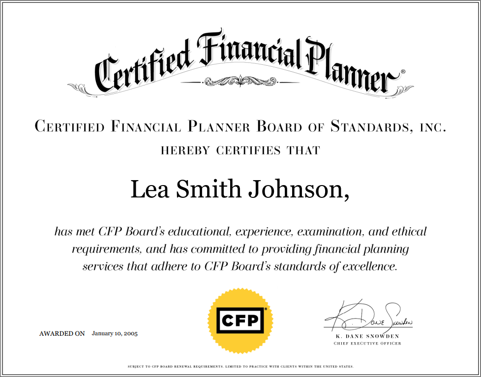 Official Certified Financial Planner (CFP) certificate issued to Lea Smith Johnson by the Certified Financial Planner Board of Standards, Inc.