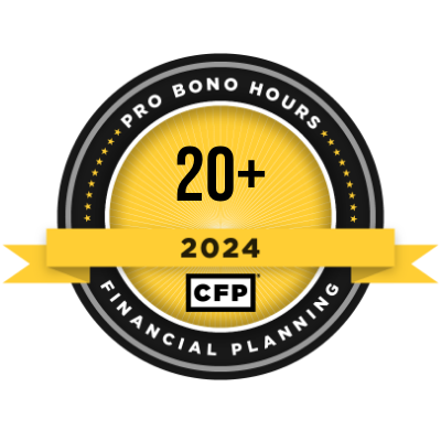 Lea Smith Johnson's official 2024 CFP Pro Bono Hours Badge. This credential recognizes Lea Smith Johnson for contributing 20+ hours of volunteer financial planning services. The digital badge is issued by the Certified Financial Planner Board of Standards for excellence in pro bono service.