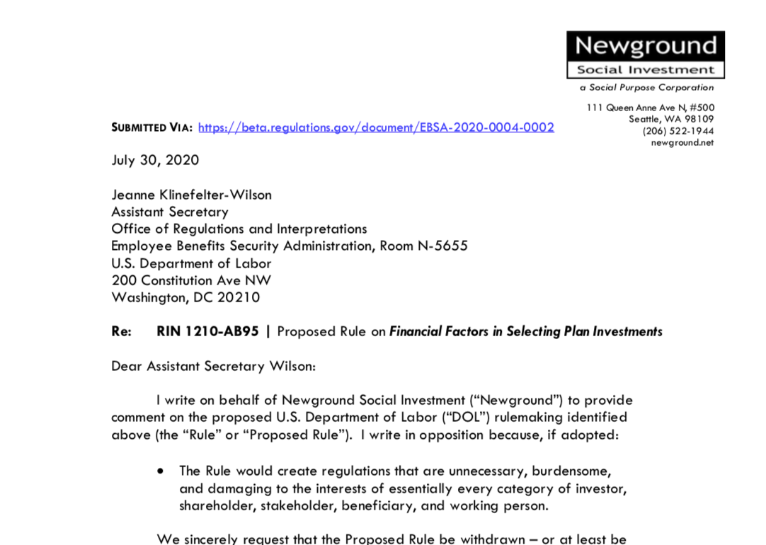 Newground's Public Comment on Labor Department Rule on ESG Investment Thumbnail