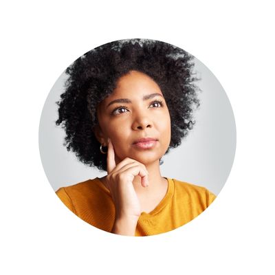woman with short hair and gold tshirt thinking