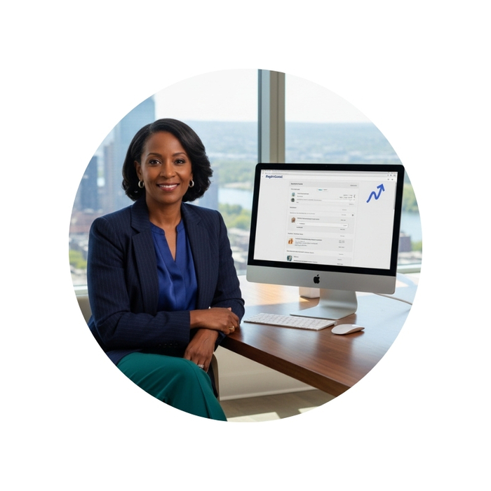 Middle aged corporate african-american woman sitting in her office with her computer screen showing RightCapital