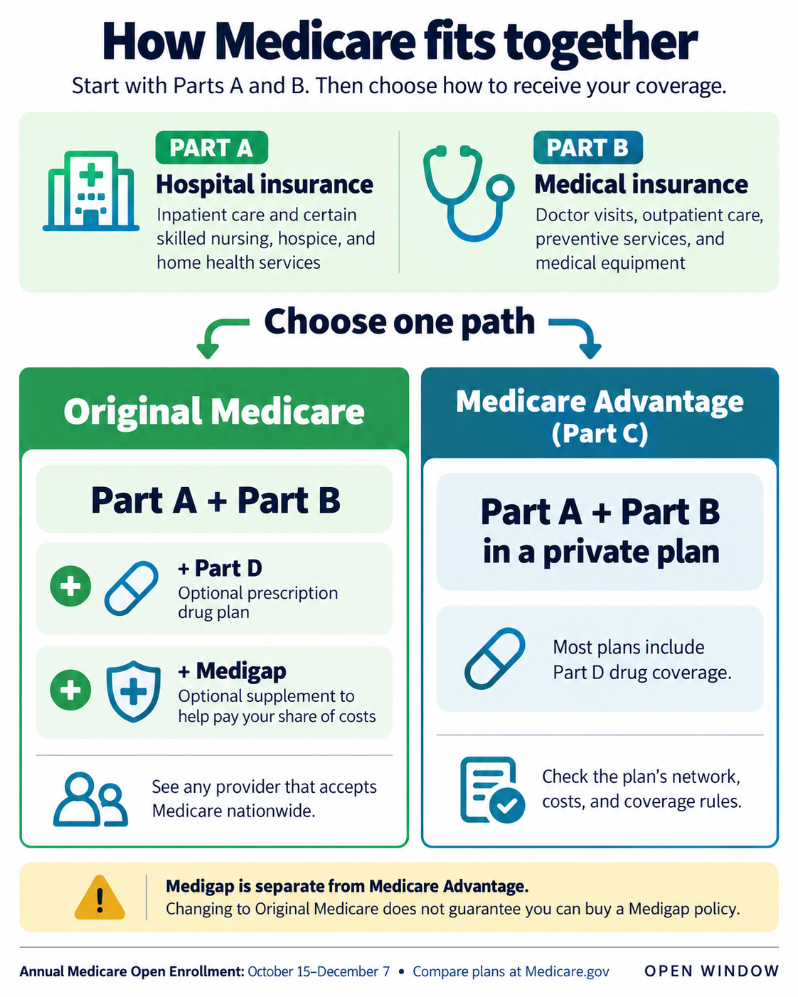 Infographic describing how medicare fits together between Original Medicare plans and Medicare Advantage plan