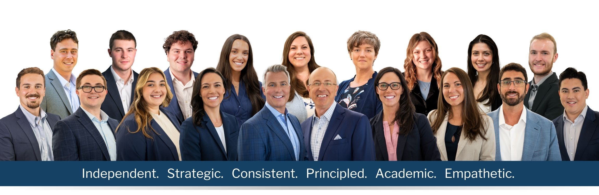 A group photo of our team. We are independent, strategic, consistent, principled, academic and empathetic.
