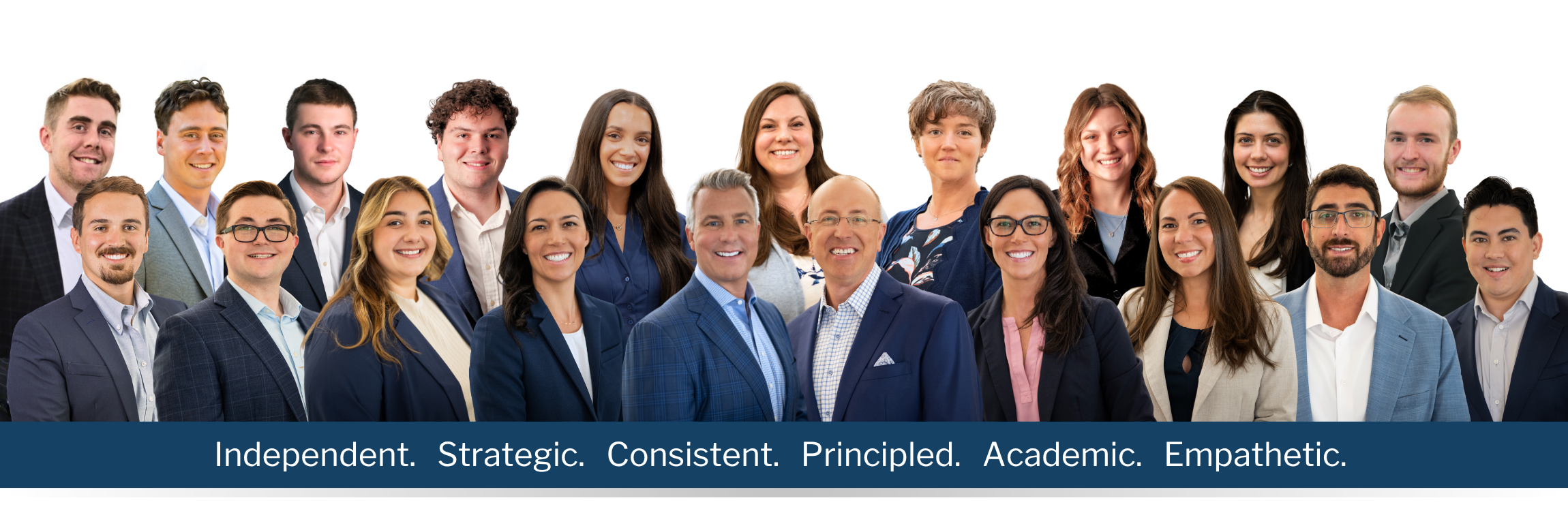 A group photo of our team. We are independent, strategic, consistent, principled, academic and empathetic.