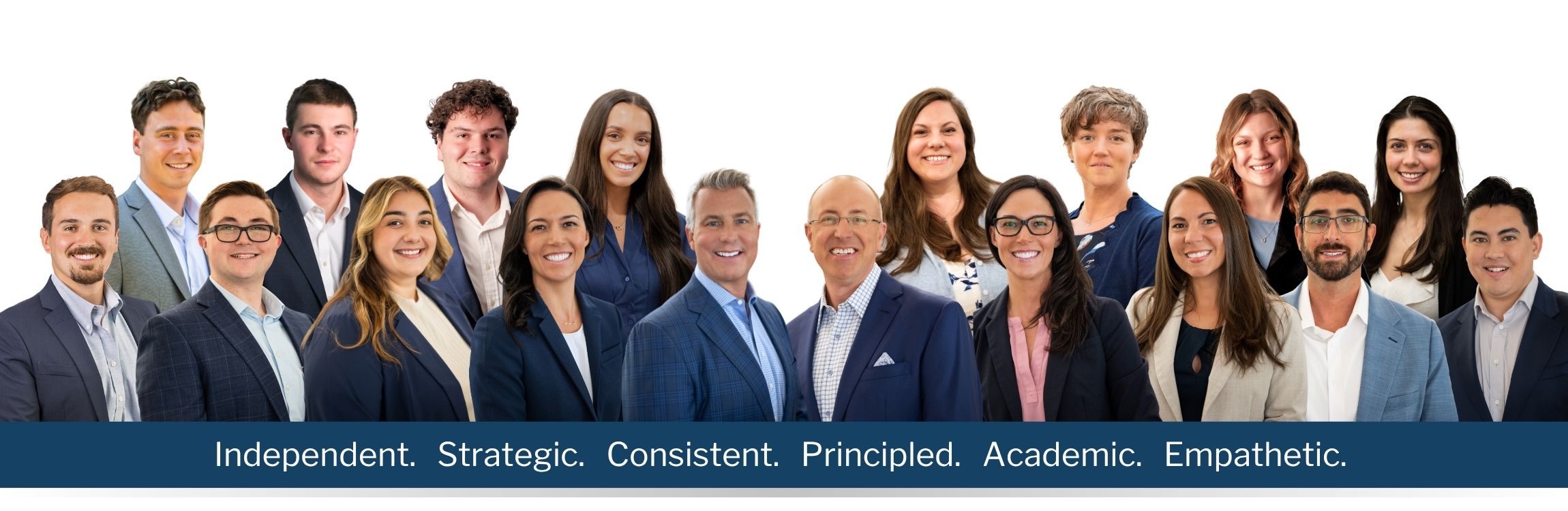 A group photo of our team. We are independent, strategic, consistent, principled, academic and empathetic.