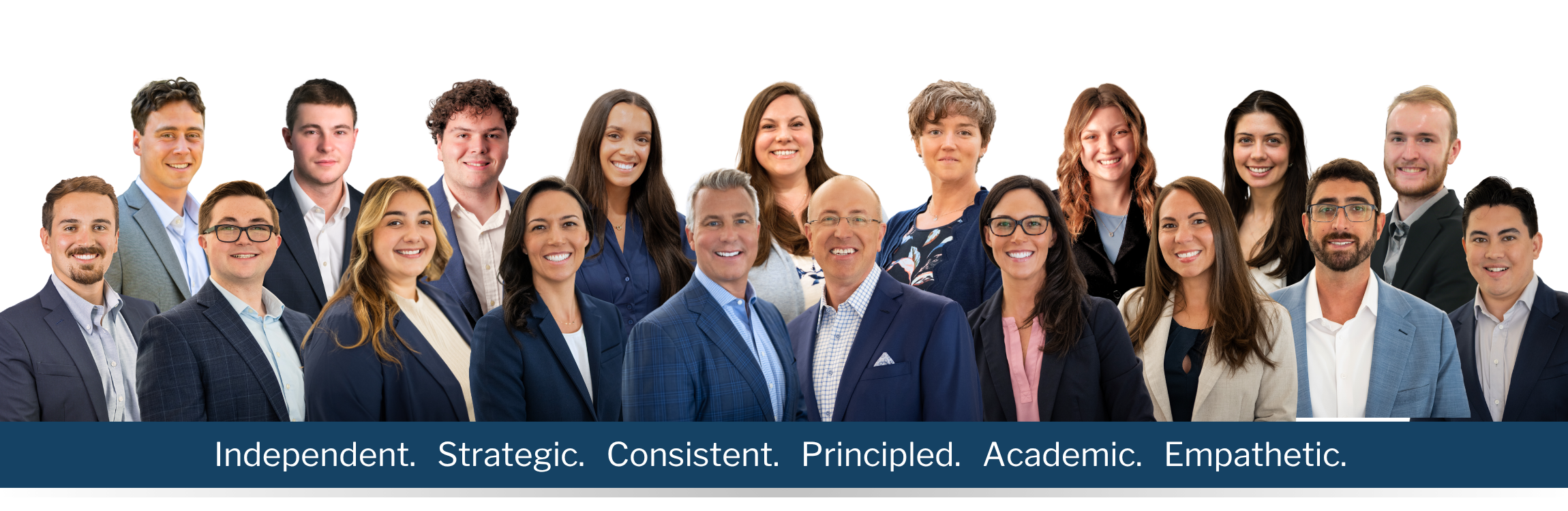 A group photo of our team. We are independent, strategic, consistent, principled, academic and empathetic.