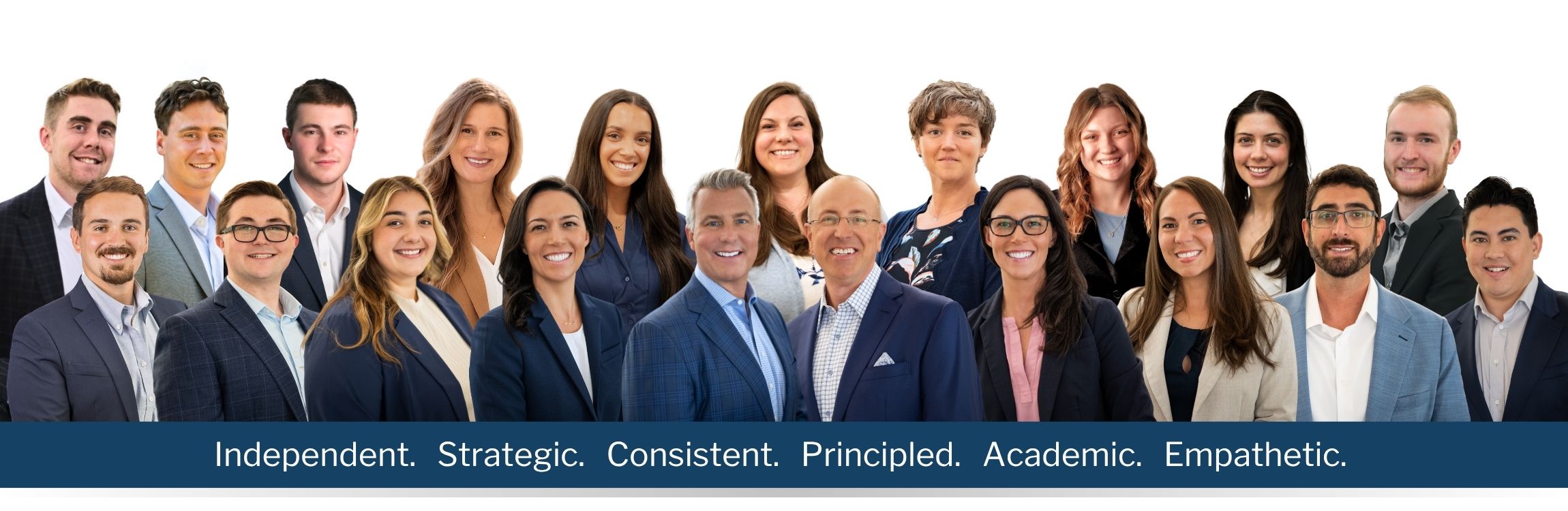 A group photo of our team. We are independent, strategic, consistent, principled, academic and empathetic.